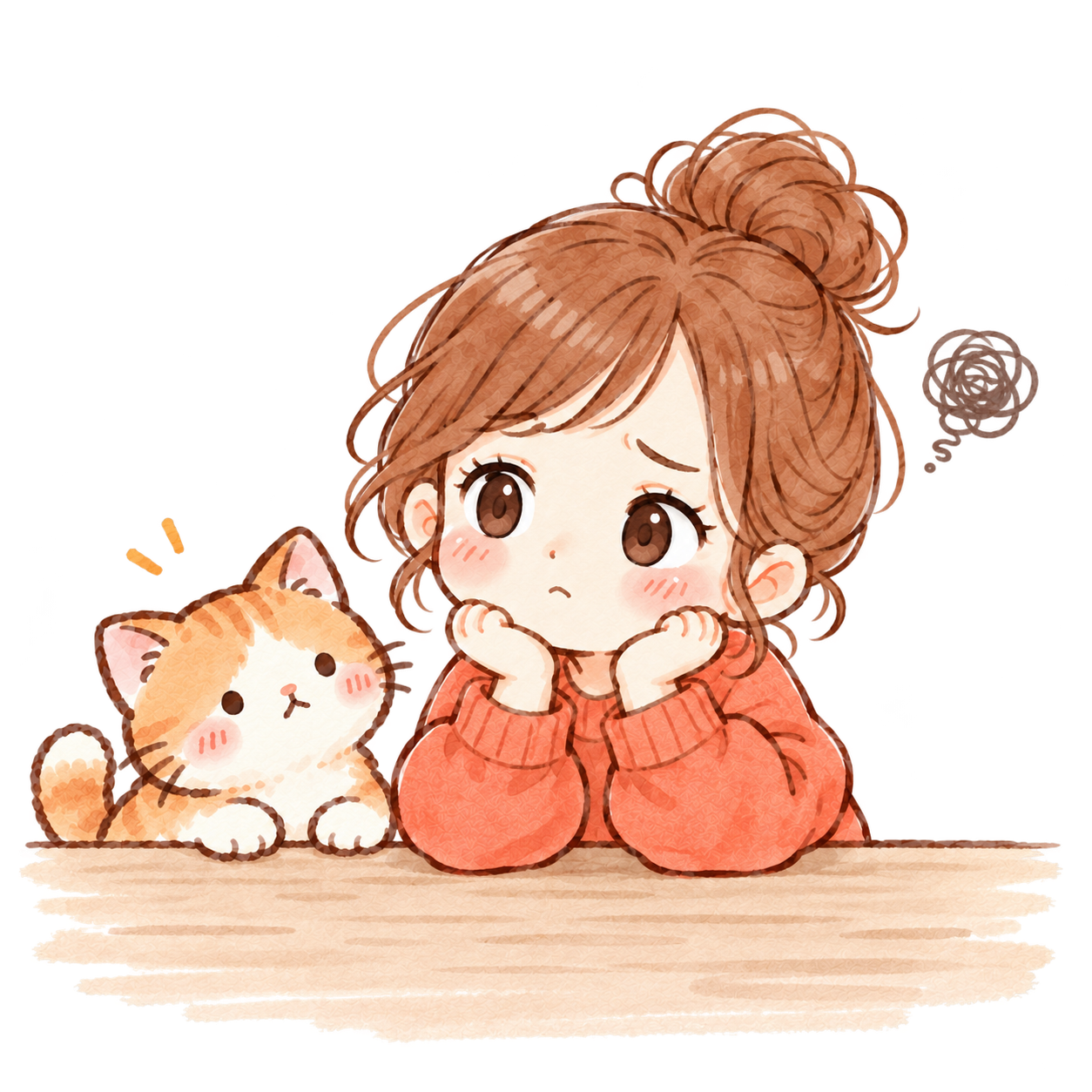 頬杖をついて悩む女性と、心配そうに見上げる猫