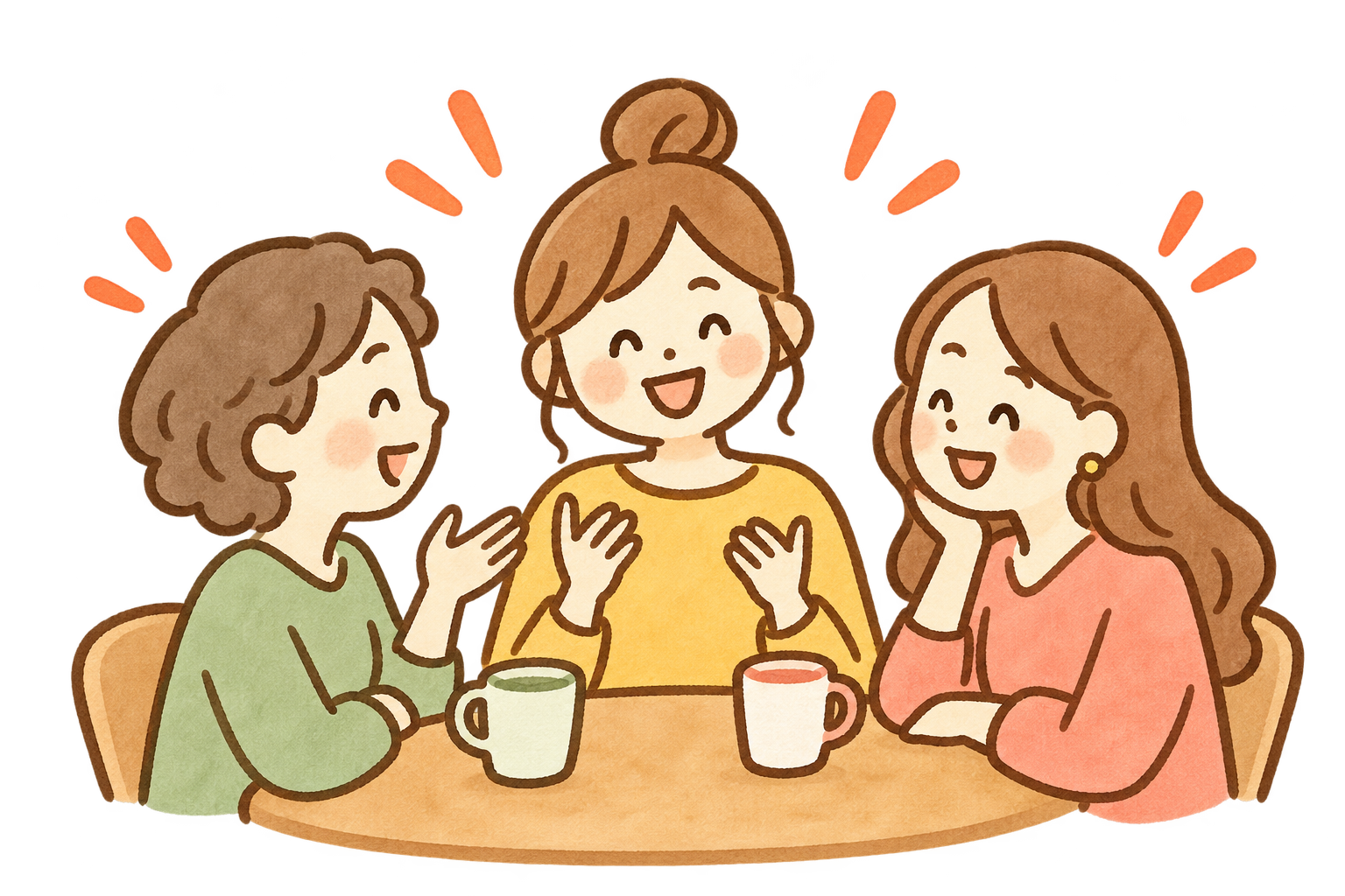 仲間とテーブルを囲んで交流するイラスト